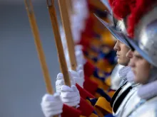 Swiss Guards at the ceremony in Vatican City's San Damaso Courtyard on May 6, 2021.